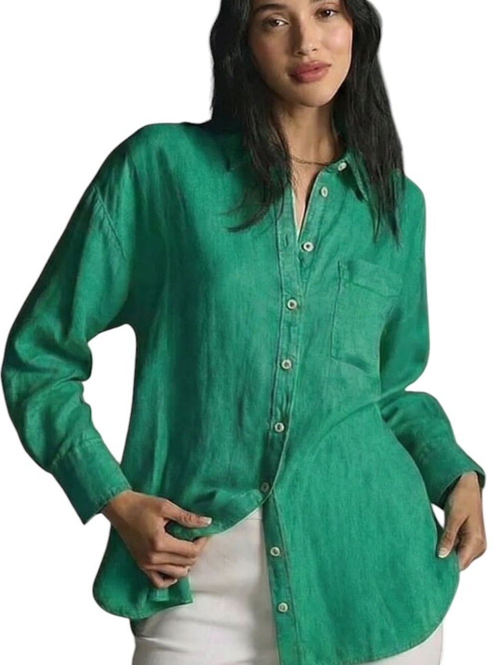 Anthropologie Maeve The Bennet Kelly Green Linen Oversized Button Down Shirt - M